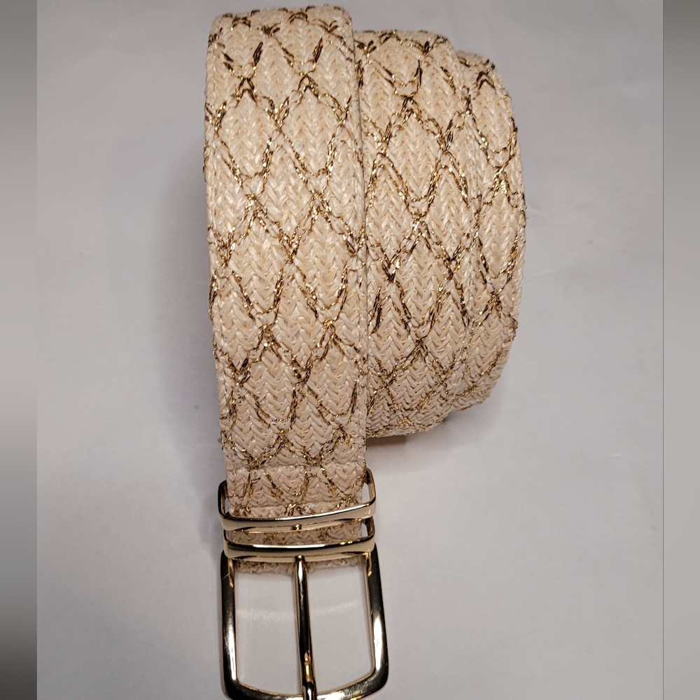 INC International Concepts Woven Metallic Fabric Panel Belt Small Cream New